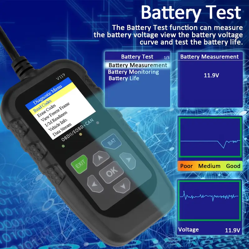 V119 OBD2 Scanner Code Reader  - đánh giá và giá Power Supply Tester